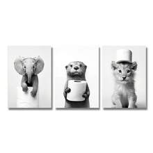 Set Of 3 Frameless Cute Black White Animal Bathroom Funny Poster Otter Lion Elephant With Toilet Paper Wall Art Modern Canvas Painting Print Wall Picture For Home Decoration - Apricot - View 10