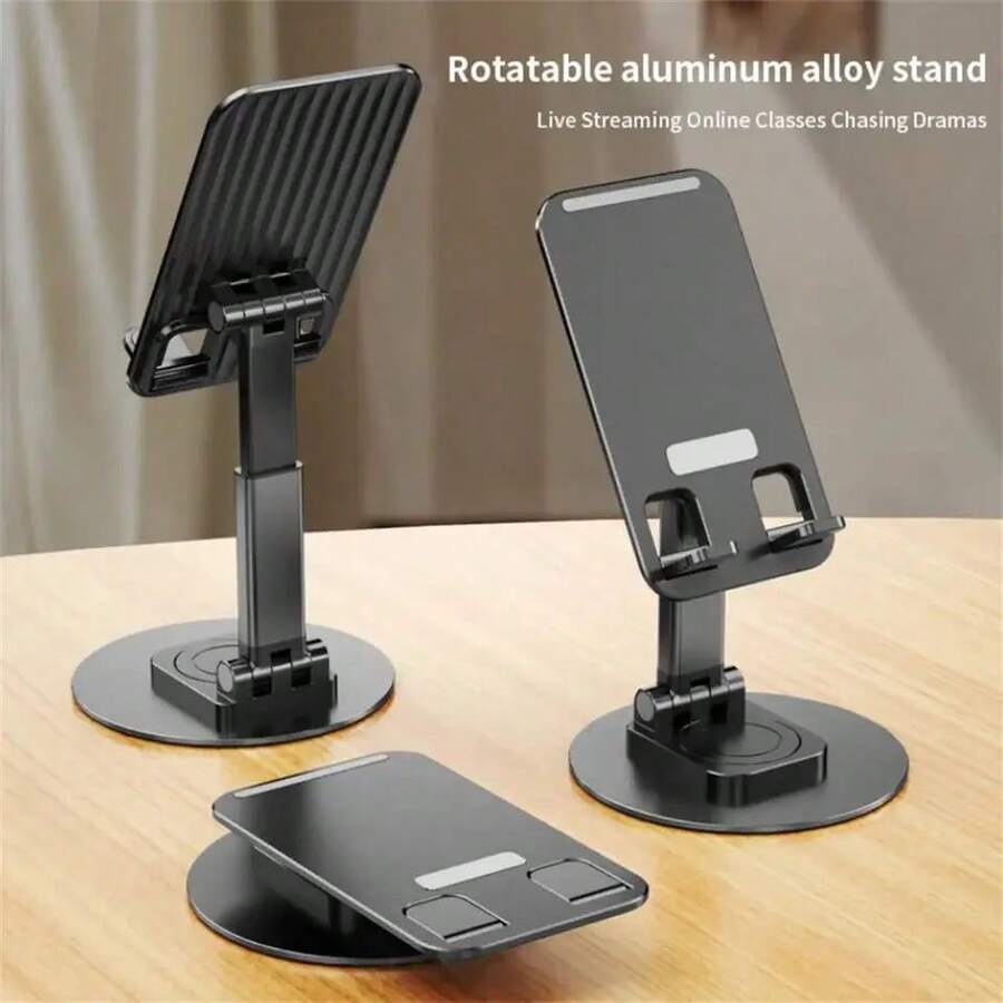 1pc Black Disc-Shaped Rotatable Metal Phone Stand, Adjustable & Foldable Portable Universal Desktop Phone Holder - Disc Rotating Metal Mobile Phone Holder - View 1