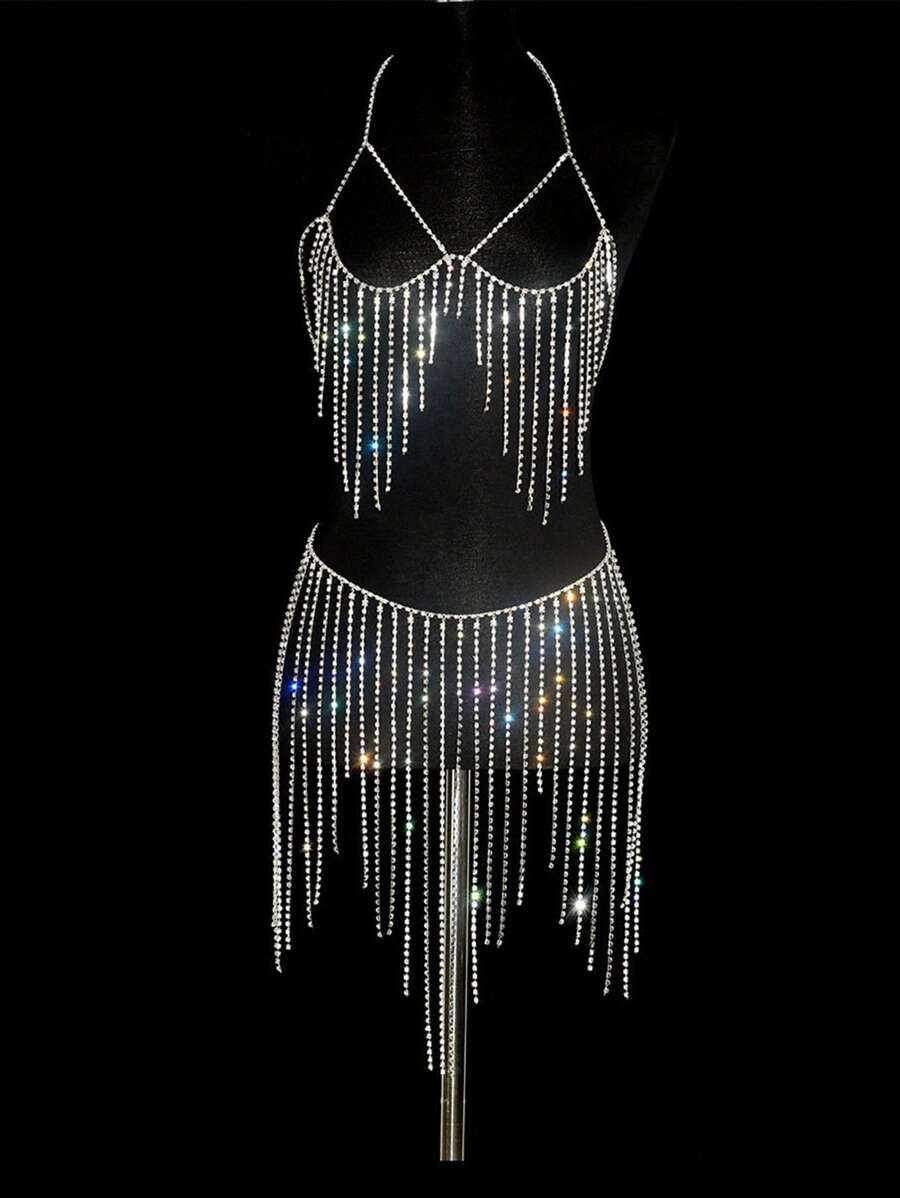 Luxurious Multilayered Sparkling Rhinestone Chain Tassel Body Chain Top For Women, Ideal For Nightclubs