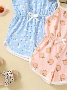 Young Girl Cute 3D Print Cami Jumpsuit Set 2pcs Cute Bow Decor Rompers For Summer Party Holiday Vacation