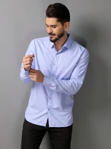 camisa social manga longa lisa  não amassa passa fácil - Azul bebê - Visão 5