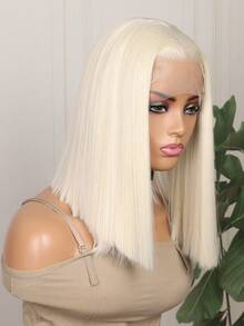 柔軟13*4合成蕾絲前短髮，白色短波波頭16英寸180%密度，免膠不透氣耐熱合成纖維頭髮，自然髮際線，任意分線，適合派對日常使用 - 白色 - 查看 5