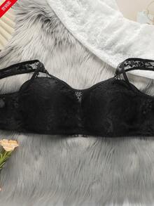 大码花卉蕾丝裹胸文胸 - 黑色 - 查看 7