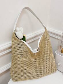 女士手持草編包，2024年夏季新潮流復古百搭大容量肩袋，菜籃包 - 白色 - 查看 1