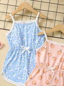 Young Girl Cute 3D Print Cami Jumpsuit Set 2pcs Cute Bow Decor Rompers For Summer Party Holiday Vacation