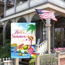 1入組Hello Summer火烈鳥庭院旗幟，迎接夏天的熱帶海洋湖泊游泳池庭園季節性夏日戶外12 X 18英寸庭園裝飾雙面，家居裝飾、庭院裝飾、戶外裝飾、草坪裝飾，僅限旗幟 - 彩色 - 查看 3