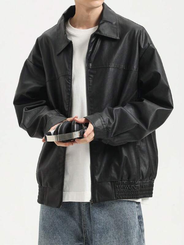 1pc Men's Fashionable Daily Casual PU Leather Solid Black Long Sleeve Men Jacket, Motorcycle Bomber Jacket Outerwear, For Friends, Husband, Boyfriend Gifts,Fleece