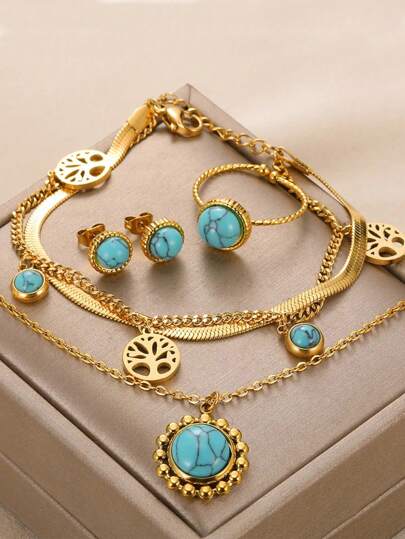 Stainless Steel Jewelry Sets Necklace Round Earring Bracelet Life Tree Bracelet Gold Color Rings Natural Stone Jewelry For Women