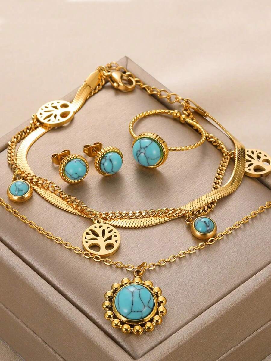 Bộ trang sức bằng thép không gỉ Vòng cổ Xu hướng Bông tai tròn Vòng tay Vòng tay cây sống Vòng tay màu vàng Trang sức đá tự nhiên dành cho nữ - Vàng - Xem 1