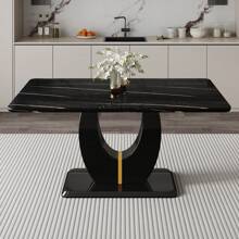 Sumdeal 63" Long Dining Table For 4-6 Modern Faux Marble Dining Table With U-Shape Pedestal Base Mid-Century Rectangle Kitchen Dinner Table,U Shape - 黑色 - 查看 2