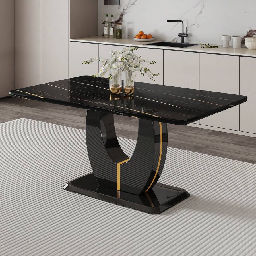 Sumdeal 63" Long Dining Table For 4-6 Modern Faux Marble Dining Table With U-Shape Pedestal Base Mid-Century Rectangle Kitchen Dinner Table,U Shape - 黑色 - 查看 1