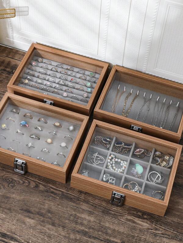 1 pieza Caja de almacenamiento de joyas de madera estilo vintage chino con tapa de vidrio y protección antipolvo, para organizar collares, pulseras, anillos y otras joyas, perfecta como regalo para novia o esposa en el Día de San Valentín o Vuelta al Cole