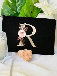 1入新版金色英文字母印花女式化妝袋，多功能旅行便攜式收納盥洗袋，適用於日常使用 - 黑色 - 查看 8