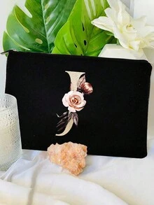 1入新版金色英文字母印花女式化妝袋，多功能旅行便攜式收納盥洗袋，適用於日常使用 - 黑色 - 查看 10