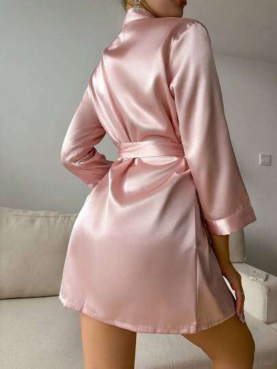 1pc Women's Solid Color Elegant Tie Waist Robe, Lightweight Sexy Short Silky Satin Bathrobe, Suitable For Home Use, Bridal Robe, Bridesmaid Dress, Pink