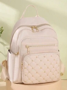 Fashionable Outdoor Backpack, Large Capacity Women Casual Backpack, Rivet Decorated, Student Bookbag, Multi-Colors & Styles Available, Rivets Randomly Distributed, School Backpack - White - View 4