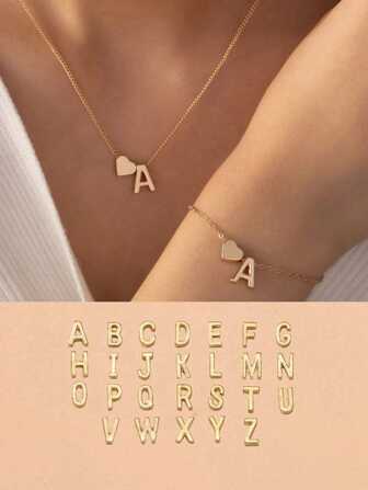 1set Fashionable Women's Heart & Letter Pendant Necklace And Bracelet Set, Daily Wear/Festival Gift Valentines,Mom,Mother,Mother's Day,Gift