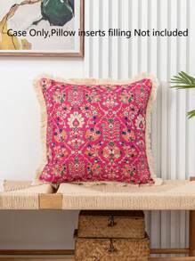 1pc Retro Linen Style Floral Print Pillowcase With Tassel Trim, Home Decor Cushion Cover For Sofa Or Bed, No Filling
