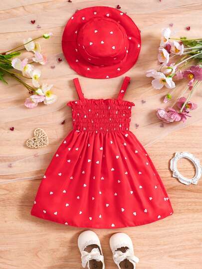 0-3 Years Old 2pcs Baby Girls' Summer Heart Printed Sleeveless Dress With Matching Hat
