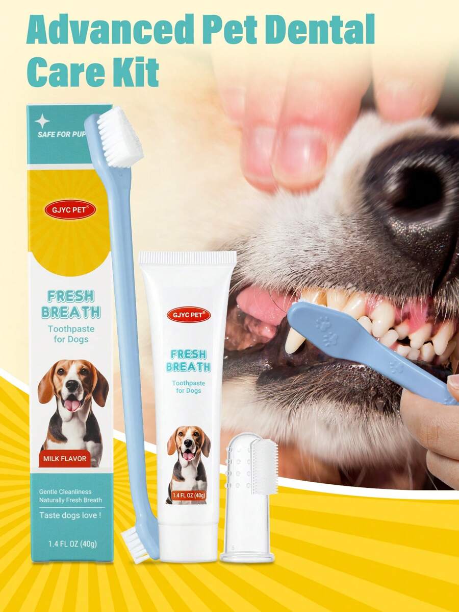 GJYC PET Kit Avanzado De Cuidado Dental Para Mascotas | Contiene Pasta De Dientes, Cepillo De Dientes Y Cepillo De Dedo | Reduce La Placa Y La Acumulación De Sarro | Seguro Para Cachorros, Kit De 3 Piezas, Sabor A Leche
