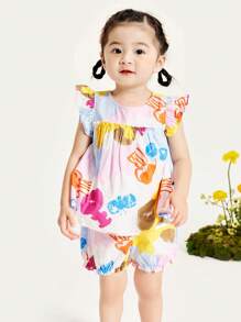 mini bala Conjunto de chaleco y pantalones cortos, conjunto de 2 piezas para niñas pequeñas, conjunto de manga corta dulce para el verano para niños
