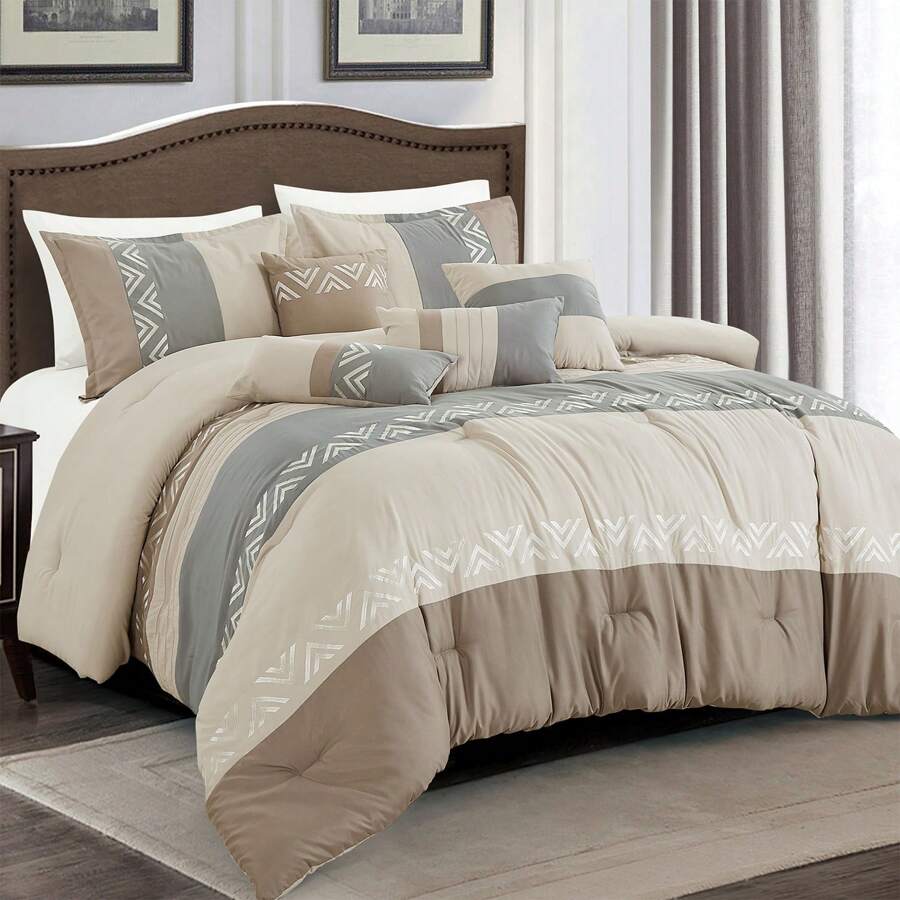 7 Pieces Embroidered Patchwork Comforter Set Size, Modern Geometric Down Alternative Comforter, Decorative Taupe And Gray Color Block Bed In A Bag - 1 Comforter, 2 Shams, 4 Decor Pillows - Taupe and Gray - View 1