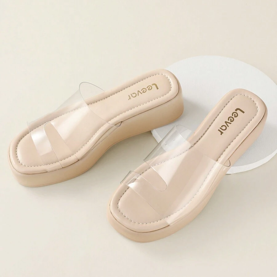 Soft Memory Foam Padded Platform Wedges Sandals - Womens Backless Slip On Platform Slides - Comfy Square Open Toe Mules Nude Clear White Black Platform Sandals Summer Casual Flatform Platform Wedge Slides For Women - Clear - View 1