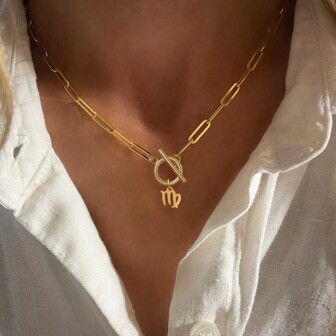 1 pieza Collar de cadena de clip de papel con cierre de palanca de acero inoxidable con colgante del Zodiaco de moda para mujeres