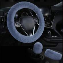 Juego de 3 piezas Cubiertas universales de volante de coche de peluche, cubierta de freno de mano y palanca de cambios de invierno esponjosa, accesorios para el coche