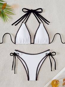 2024 New Shell Edge Women's Bikini Set, Tie-Up Bikini Set Two-Piece Swimwear Summer Beach - Black and White - View 1