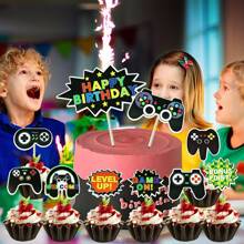 10 piezas de Decoraciones para pasteles de cumpleaños con tema de controlador de juego (2 piezas de adornos grandes +8 piezas de adornos pequeños) para fiestas de cumpleaños, fiestas con tema de juego, decoración de pasteles - Negro - Ver 6