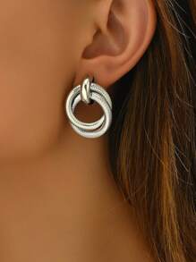 1 Cặp bông tai kim loại xoắn đôi Chunky Jewelry, hợp kim màu bạc - Bạc - Xem 2