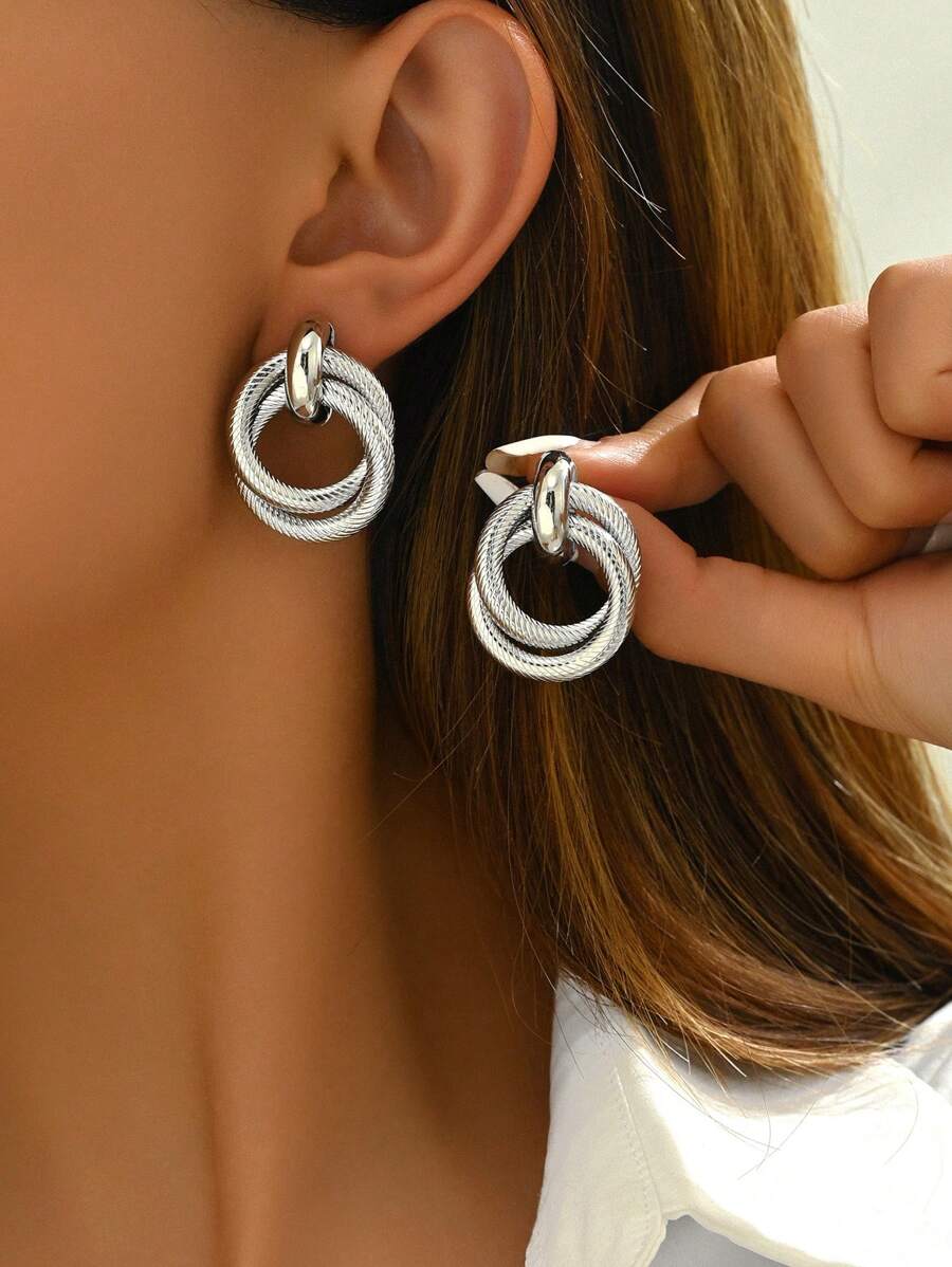 1 Cặp bông tai kim loại xoắn đôi Chunky Jewelry, hợp kim màu bạc - Bạc - Xem 1
