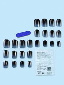 Conjunto de 24 uñas postizas cortas en forma cuadrada degradado azul-negro para mujeres y niñas, suministros de uñas - Azul - Ver 2