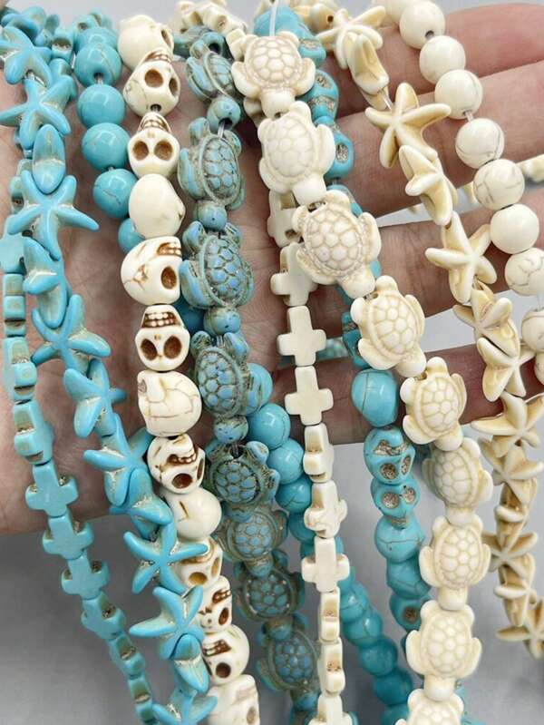 Cuentas azules, blancas y turquesa con diseño de tortuga, calavera, cruz, estrella de mar y bola para hacer manualidades de joyería como pulseras, collares y otros