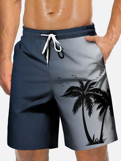 Men's Casual Shorts, Hawaiian Holiday Casual Outdoor Sports Coconut Tree Ombre Gradient 3D Digital Print Casual Daily Vacation Single Layer Drawstring Beach Swimming Trunks Shorts,Hawaiian