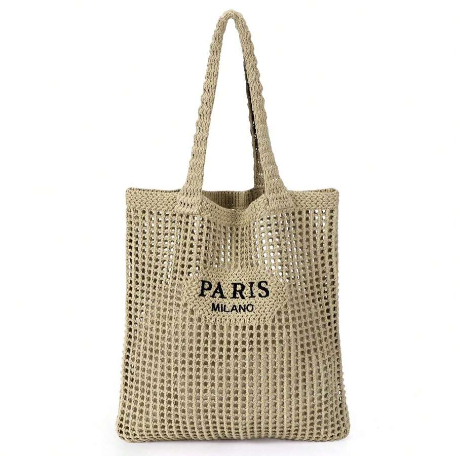 Crochet Tote Bag For Women, Crochet Mesh Beach Tote Bag Summer Vacation Aesthetic Boho Knit Bag For Women - G-卡其色 - 查看 1
