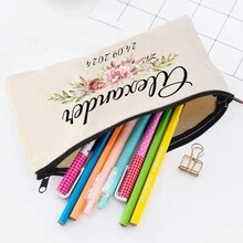 Túi vải canvas trơn có khóa kéo in tên và ngày tháng theo yêu cầu, túi vải canvas đựng bút chì, túi vải canvas đựng đồ trang điểm, quà tặng đẹp cho mẹ, con gái và giáo viên, túi đựng đồ trang điểm, phụ kiện du lịch, đồ dùng cho chuyến đi chơi mùa hè - Màu be - Xem 4