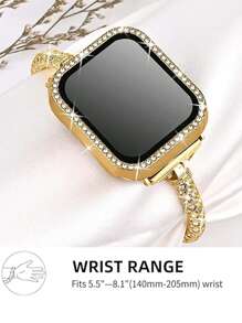 2条女士闪亮金色表带+保护壳，2026夏季新款优雅金色/玫瑰金奢华闪耀水晶钻石PC表框，双排水晶钻石保护壳，以及全水晶钻石可调节圆柱形表带，兼容 Ultra3/2/1/SE S10/S11/S9/S8/S7/S6/S5/S4/S3系列