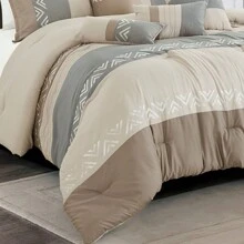 7 Pieces Embroidered Patchwork Comforter Set Size, Modern Geometric Down Alternative Comforter, Decorative Taupe And Gray Color Block Bed In A Bag - 1 Comforter, 2 Shams, 4 Decor Pillows - Taupe and Gray - View 4