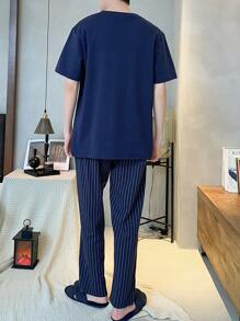 男士短袖上衣+长裤睡衣套装，圆领透气吸汗家居服套装，适合春夏秋冬穿着 - 藏蓝色 - 查看 3