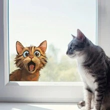 1pc Cute Brown Cat Window Sticker, Transparent & Opaque White Background With Open Mouth Yellow Cat Window Decoration Sticker, No Adhesive Residue & Fading, High-End Animal Sticker., Stickers, Wall Decal, Vinyl Decal For Home Decorations, Spring Decoration Items Refresh Your Home, Festival Decoration Stickers Gifts Birthday Graduation