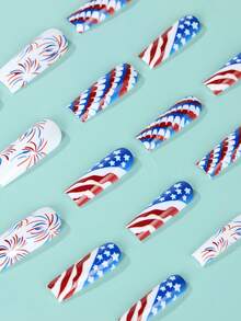 24件紅白歐美風格的超長款日系列美甲貼紙，美國國旗閃粉防水可拆式美甲貼紙，提升你的風格，適用於晚會、生日派對等場合，適合日常和派對使用的女性和女孩，包括1支果凍膠和1個指甲文件，自然貼真甲指甲用品 - 彩色 - 查看 3