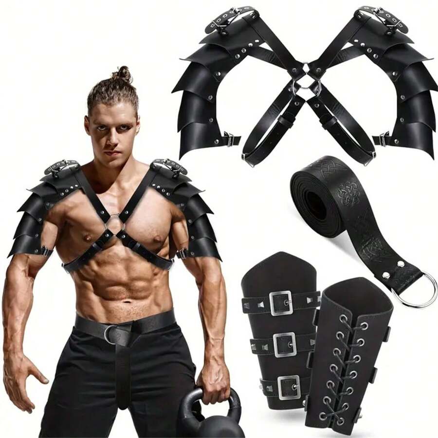 1 Máy Tính Thời Trung Cổ Viking Hiệp Sĩ Da PU Có Thể Điều Chỉnh Hình Chữ X Thân Dây Nịt Ngực, LARP Halloween Áo Giáp Vai, Đảng Cosplay Vai Che Trang Phục - A - Xem 1