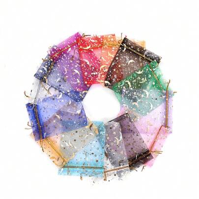 أكياس عضوية متنوعة مكونة من 5 أو 50 جزء ب 5 ألوان عشوائية (نمط القمر والنجوم) ، أكياس شفافة صغيرة للهدايا مع أربطة ، أكياس تغليف الحلويات لرمضان ومناسبات الأعياد الأخرى