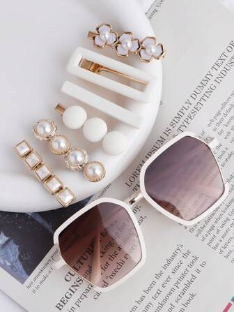 Korean Style Metal Half-Frame Women's Ins Style Street Photography Eyeglasses + Cream-Colored Alligator Hair Clip Combo Beach Accessories For Women Glasses Shades