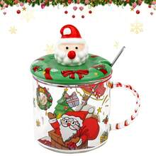 1入組聖誕節咖啡杯350ml聖誕節玻璃馬克杯帶蓋茶牛奶玻璃杯帶手柄聖誕樹可愛情侶杯，適用於聖誕生日女孩男孩禮品 - 彩色 - 查看 5