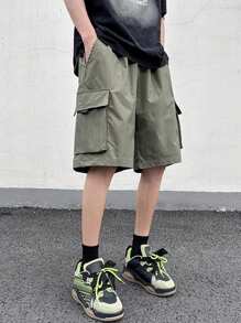 1件青少年男孩休閒戶外運動梭織標籤口袋短褲，春/夏/秋 - 軍綠色 - 查看 3