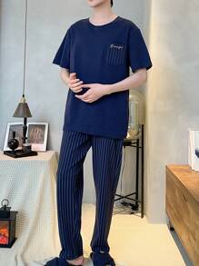 男士短袖上衣+长裤睡衣套装，圆领透气吸汗家居服套装，适合春夏秋冬穿着 - 藏蓝色 - 查看 2