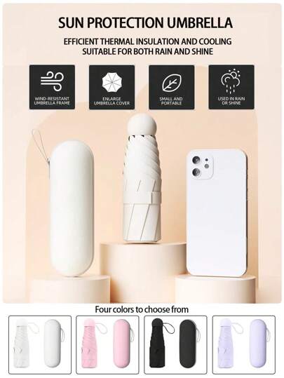 女士胶囊遮阳伞，双效合一，防晒防紫外线，遮阳，小巧便携，口袋迷你伞，晴天雨天皆宜，FIVe 折叠伞，防晒防雨两用伞，INS 伞，春夏必备，伴娘礼物，房间/卧室装饰，海滩/旅行，男女皆宜，度假必备，可爱小物